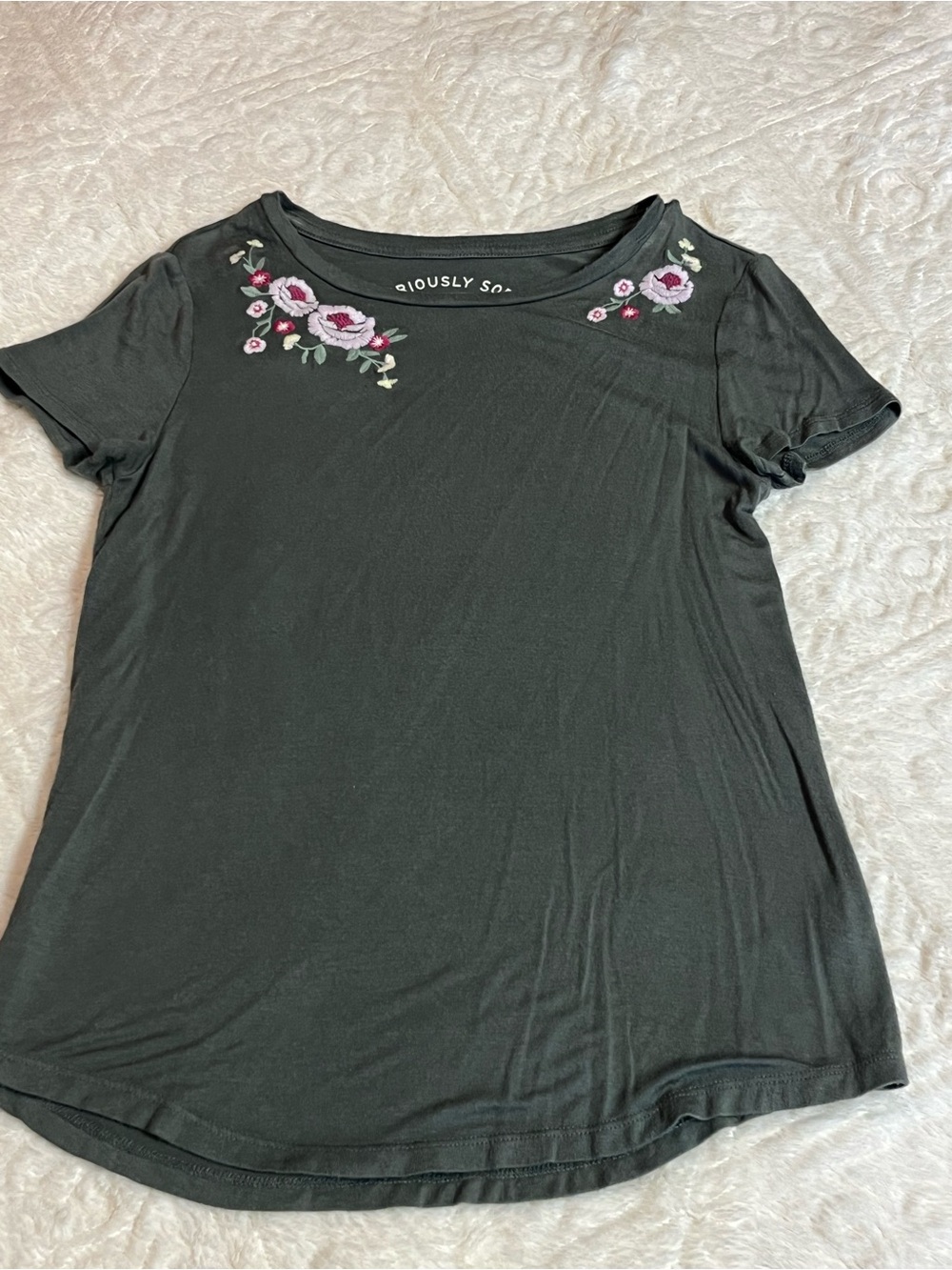 Seriously Soothing Olive Floral Embroidered Scoop Neck Tee